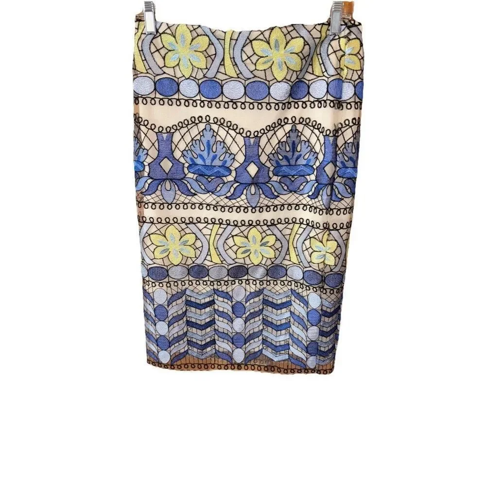 Beige ECI All Over Embroidery Midi Length Skirt 8 Teal Green Floral Lace Lined